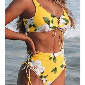 CUPSHE Yellow Floral High-Waisted Bikini, L